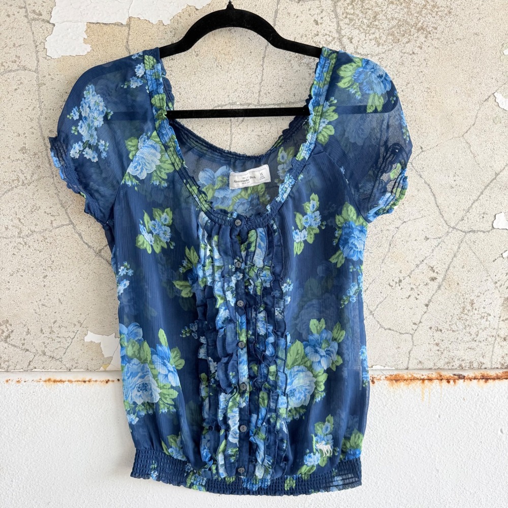Abercrombie & Fitch Floral Blouse Ruffle Smocked Waist Chiffon Top Sheer Blue XS
